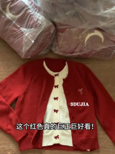 Unique Super Nice Red Bow Knit cardigan Women Autumn and Winter Christmas New Year Patchwork Fake Two-Piece Short Top