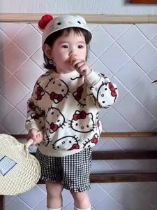 Korean Style Girls Long Sleeve Thin Hoodie T-Shirt Cute KT Cat Print Spring Autumn Wear for Babies And Kids