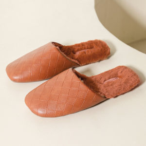 Fancy Chessboard Grid Waterproof Leather PU Leather Cotton Slippers Female Non Slip Soft Bottom Mute Tendon Bottom Home Male Winter