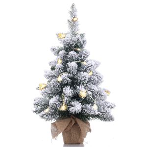 NUVOX 22" Artificial Mini Christmas Tree Tabletop Snow Flocked Artificial Pine Xmas Tree with 30 LED Lights70 Branch TipsDesktop Christmas Tree Burlap Base