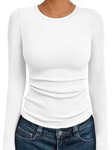 Womens Long Sleeve Ribbed Knit Basic Tops T-Shirts Cleanfit 3D Style Standard Fit Citywalk Suitable Breathable Linen Material