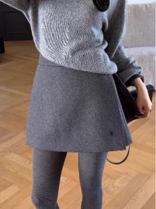 Gray Tweed Half-skirt Autumn Winter European Style High-waisted Slit Skirt