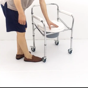 Adjustable Height Commode Chair with Wheels - FoldableKerusi Berak Portable Duty Toilet Anti-slip Design for Elderly& Pregnant with Removable Bucket