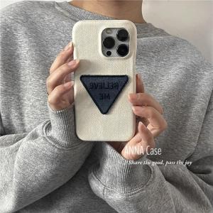 AnnaCas Denim Blue Triangle Label Leather Phone Case Full Cover Anti-Fall Protection for iPhone 17 pro Max Apple 15 Soft Shell 14 New Model 16 pro