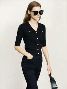 AMII | Áo Cardigan Ngắn Tay V-neck Elegance Màu Đen