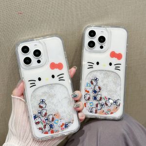 Cute Cartoon KT Cat Glitter Sandphone Case Transparent Shockproof for Apple 17Pro iPhone 16ProMax New 15pro Anti-Fall Womens Niche 14pro Creative Full Cover Hard Shell