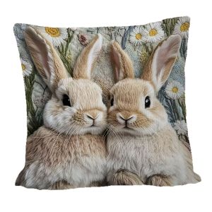 VIKAMA Cute Bunny Floral Pillow Cover Realistic 3D Rabbit Print Cushion Case for Sofa Bedroom Living Room Farmhouse Home Decor