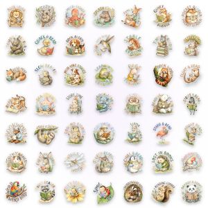 50-100PCS Aesthetic Watercolor Reading Animal Transparent PET Sticker Cute Book Themed DIY Decor Decals for Journals Scrapbook