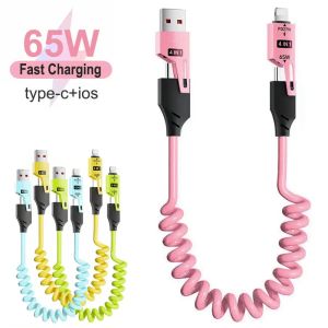 65W 4 in 1 Spring Short Data Cable 6A USB Type C Spring Telescopic Quick Charger Wire Spring USB Cable for iPhone iPad MacBook