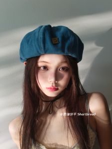 Womens Painter Style Beret Hat Spring Autumn Cotton round Top No Brim Fashion Accessory Face Slimming Denim Blue Spring Summer