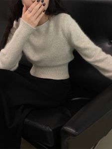 Raccoon Gray Velvet Base Knitwear Female Fall and Winter Inner Wear Small Thickened Short Sweater Soft Glutinous Waist-Controlled Top