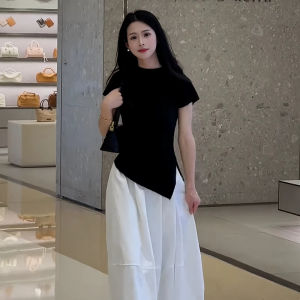 Shalldoer | Summer Outfit Set Womens New 2025 Asymmetrical Drawstring Short Sleeve T-Shirt White A-Line Mini Skirt Two-Piece Set