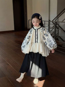 Girls Casual Loose Long Sleeve Shirt Floral Print Childrens Clothing Autumn Fashion Outerwear for Kids Elegant Style