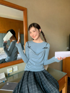 NIHAOKANONG | Bộ Áo Blouse & Áo Dây Nơ Xanh Cho Phong Cách Thoải Mái
