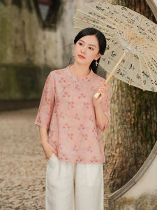 Retro Chinese Style Womens Shirt Stand Collar Printed Cotton Linen Five Sleeve Regular Length Button Detail Commute Friendly