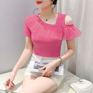 Yimei áo thun màu hồng cổ chữ V xếch Hàn Quốc vải cotton trơn Mới Mùa Hè 2024 hở vai gợi cảm Áo thun cho nữ ngắn tay viền diềm Xếp Nếp lưới màu hồng ngọt ngào