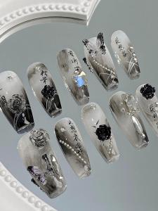 Handmade Black Rose Butterfly Pearl Font Fake Nails Medium Length Manicure Wearable Nail Tips Elegant Gentle Color Series