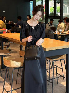 SHANGSHA | Elegant Black Pleated Waist Dress