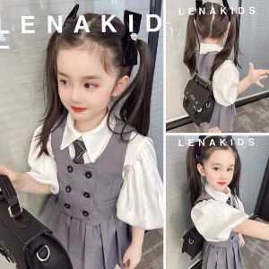 Stylish Girls Suit Vest Set Summer Childrens Bubble Sleeve Shirt Pleated Skirt School Style JK Three-piece Set Korean Version Cotton Blend Fabric