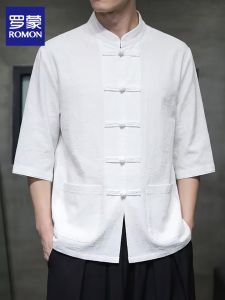 ROMON | New Chinese Style Casual Short Five-Eighth Length Sleeve Shirt