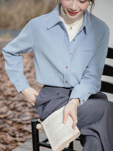 Blue Corduroy Shirt Womens Autumn Winter New Style Professional Layering Long Sleeve Shirt Small Size Versatile Top