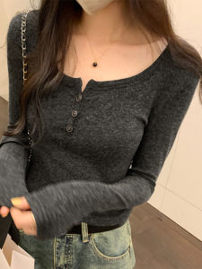 Warm Fleece Long Sleeve Low Neck Baring T-Shirt Womens 2025 Spring Autumn Slim Sweet And Spicy Inner Wear Base Shirt