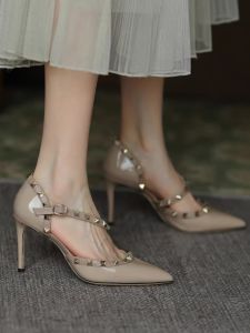 Spring 2025 New Style Rivet Pointed Toe High Heels Patent Leather Strap Middle Heel Headed Women Shoes Thin Heel Sandals Women