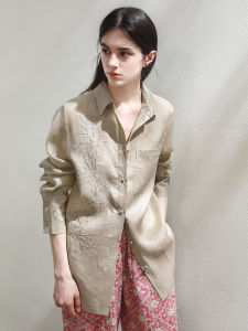 Miccbeirn | Elegant Pure Linen Long Sleeve Embroidered Blouse Shiny Sequin Casual Womens Top Lazy Slimming Leisure Shirt Polo Collar Button