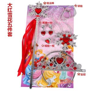 Red Snowflake Necklace Set Magic Wand Ice And Snow Princess Hair Accessories Crown Ring Girl Clip Earrings Childrens Earrings