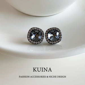 kuina | Niche Black Rhinestone Square Earrings for Women Retro Luxury