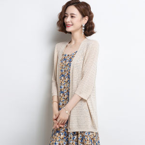 Ice Silk Open Cardigan Womens Mid-Length Summer Thin Hollow Knitted Top Air Conditioning Shirt Outerwear V-neck Long Sleeve