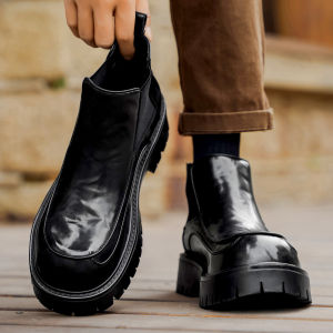 Genuine Leather Chelsea Boots Mens Glossy Business Casual Thick Bottom Leather Shoes Mid-Calf Derby Short Boots Martin Boots