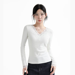 MOCHU | Lace Trim V-Neck Slim Fit Long Sleeve T-Shirt