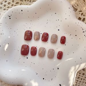 Handmade Nail Art Stickers Autumn Winter White Caramel Coffee Gold Plated Wearable Fake Nails Premium Quality Nail Tips