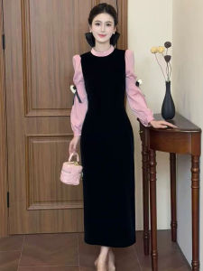 CHOUXIE | Early Autumn French Elegant Long Sleeve Black Velvet Dress