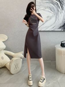 High-End Grey Dress Womens Summer 2024 New Style Waist-Cinching Tummy-Shaping Slit T-Shirt Dress Korean Style Embroidery