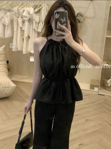 Korean Style Summer Design Pure Color Fashionable Age-Defying Sleeveless High-Waisted Waist-Cinching Trendy Halter Top Womens Shirt