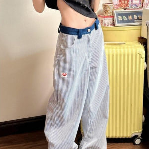 Quần Ống Đứng Thêu Hình Trái Tim Cạp Cao Thường Ngày Cho Nữ Mùa Thu Quần Ống Rộng Thoải Mái Dài Đến Sàn
