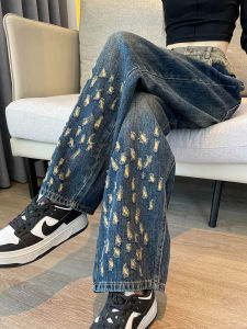 Retro Hole Wide Leg Denim Jeans Womens Small Size Banana Pants Spring Autumn New High Waist Slim Straight Old Dad Pants