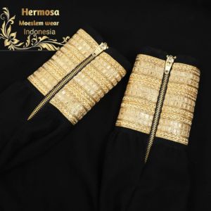 Gamis hermosa jetblack manset zipper gold-pakaian muslimah mewah gamis hitam pekat manset ziper gold
