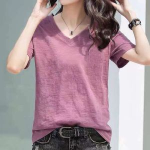 100% Slub Cotton Print Short-Sleeved T-shirt Womens Summer New Arrival Elegant V Neck K-style Loose plus Size Slim-Fit Top