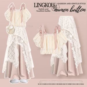 NUMEN BUTTON | French Style Sweetheart Neck T-shirt Lace Skirt Leisure Pants Set