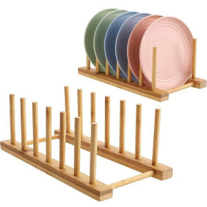1/2pcs Bamboo Dish Plate Bowl Cup Book Pot Lid Cutting Board Drying Rack Stand Drainer Storage Holder Organizer Kitchen