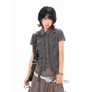 MKGO | Ruffled Hem Square Neck Fitted Short Sleeve Shirt