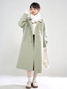BOKAQI | Autumn/Winter New Light Green Turn-Down Collar Horn Buttoned Woolen Coat Medium-Length
