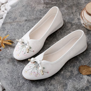 New Ethnic Style Hanfu Embroidered Flat Dance Shoes Womens Single Shoes Pointed Toe Traditional Beijing Cloth Shoes
