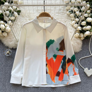 Fashion Style Sense of Design Shirt Womens Niche Style Oil Painting Print Color Contrast Patchwork Loose Slimming Long Sleeve Top Womens Top