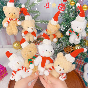 Christmas Bear Cute Blush Plush Doll Pendant Curly Bear Teddy Bear with Hat Scarf Xmas Gift Christmas Happy New Year Kawaii Gift Box Decor 圣诞腮红小熊