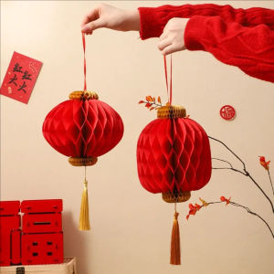 2025 New Year Red Paper Lanterns Chinese New Year Hanging Lantern Tassel Decoration Outdoor Pendant Spring Festival Honeycomb Lantern Party Supplies