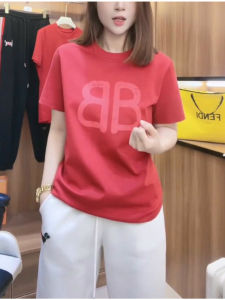 Spring Autumn round Neck T-Shirt Women Letter Print Casual Loose Short Sleeve Pure Cotton Fashionable Korean Style Top